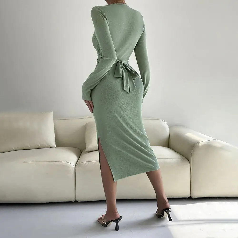 Round Neck Slim-fit Sheath Long Sleeve Dress