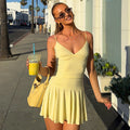 Solid Color V-neck Brace Ruffled Dress Women - Norellé