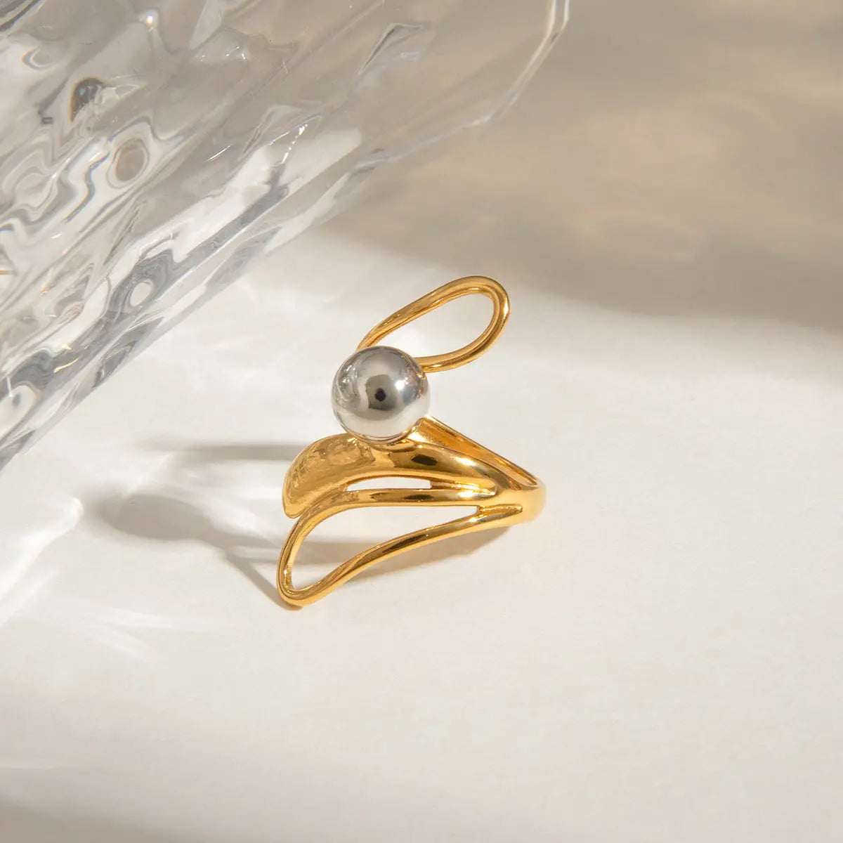 Color Matching Irregular Hollow-out Light Luxury French Steel Ball Open Ring - Norellé