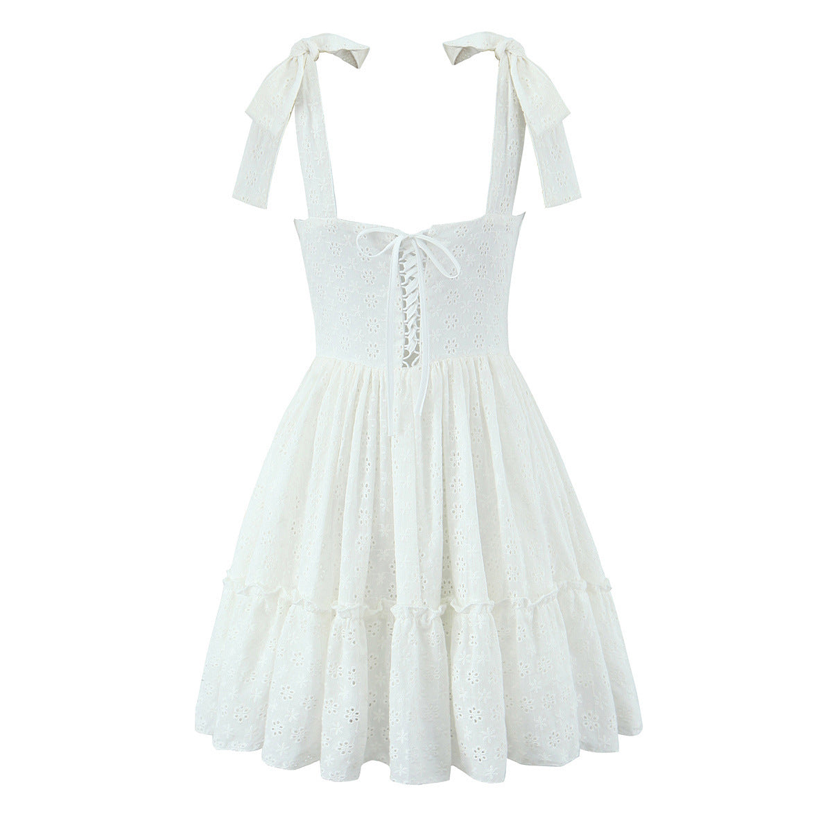 Sweet Cutout Embroidery Chic Lace Up Short Dress French Style V-neck - Norellé