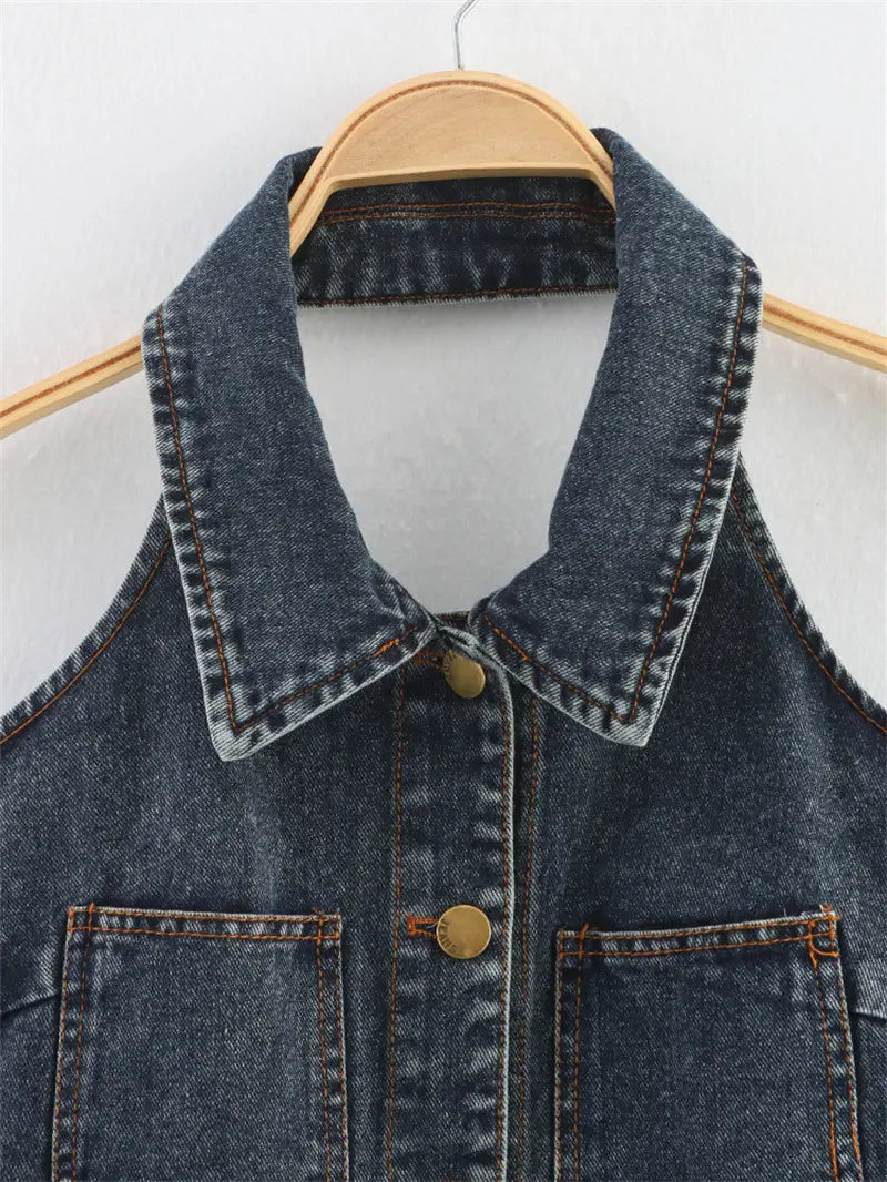 Big Backless Lapel Halter Denim Camisole