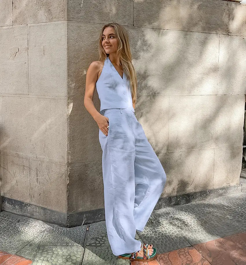 Blue Cotton Linen Sleeveless Waistcoat Vest Trousers Suit