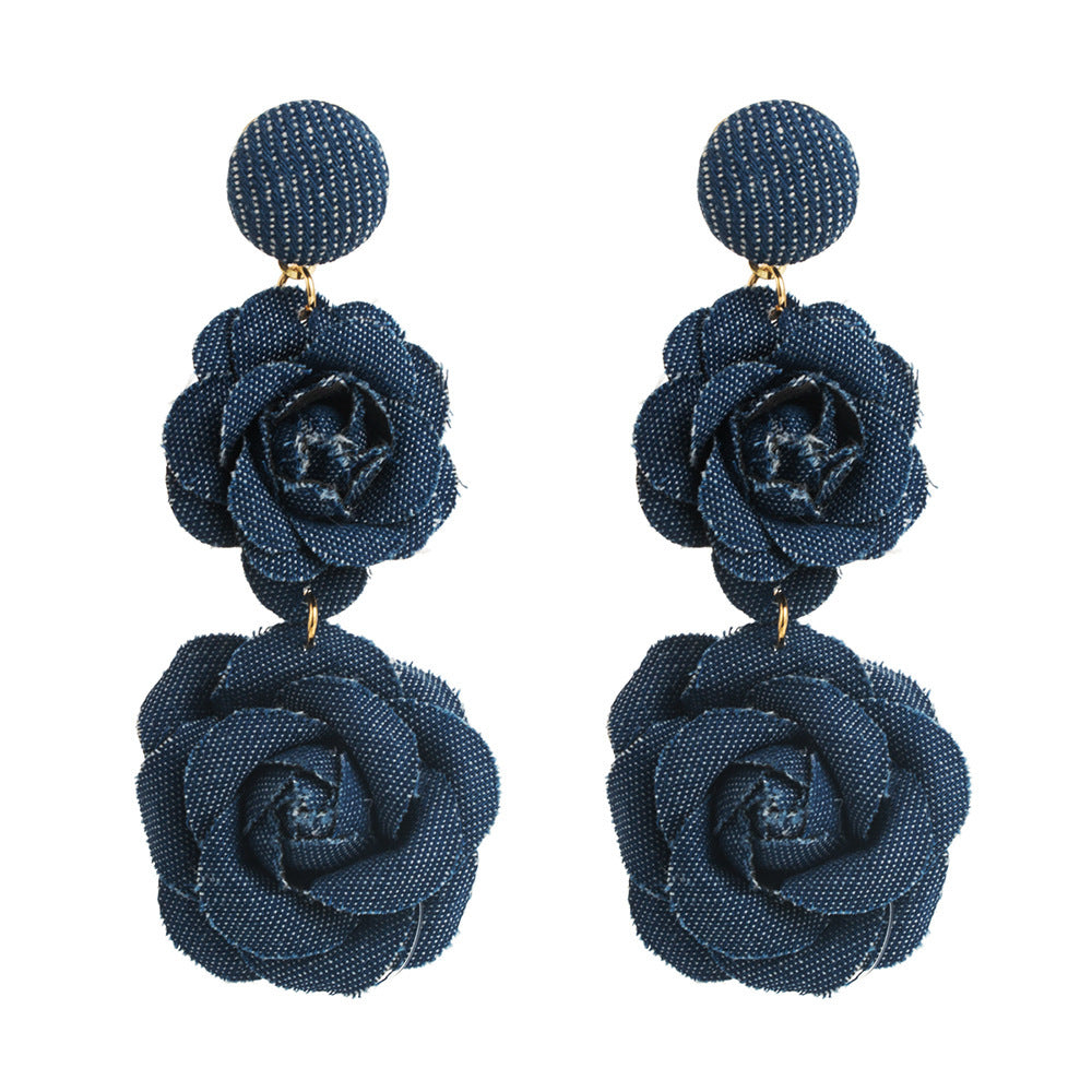 Fall Winter Cowboy Fabric Flower Earrings Multi-layer Long - Norellé
