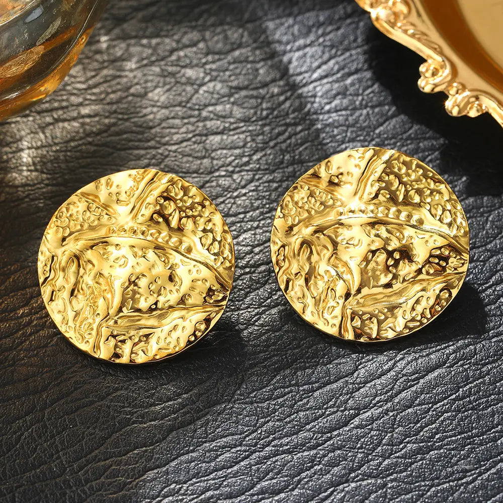Gold Stainless Steel Pleated Round Earrings
