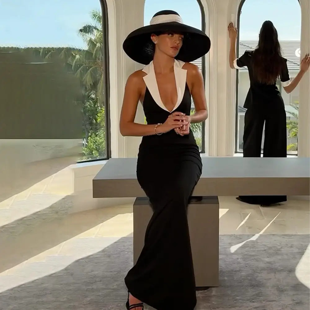 Lapel Backless Slit Dress