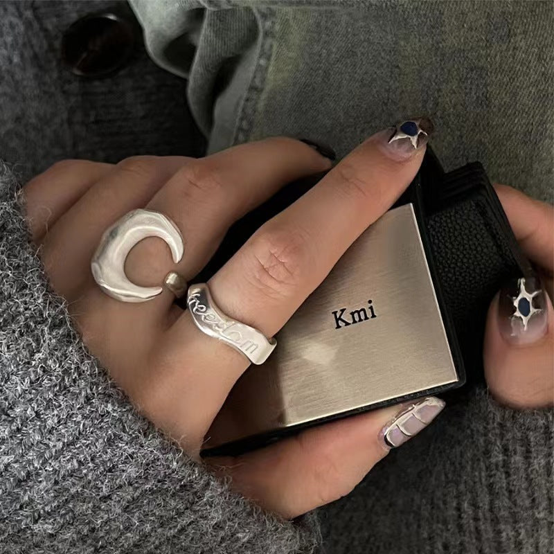 Open-end Personality Ring Women's Frosted Texture Moon Letters - Norellé
