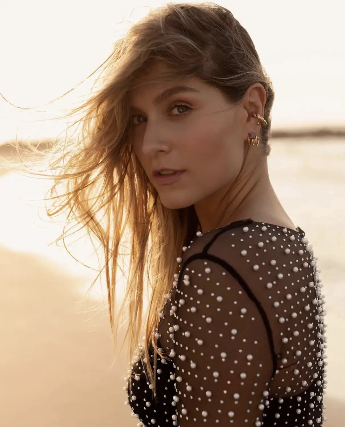 Bead Rhinestone Blouse Mesh Long Sleeve Dress