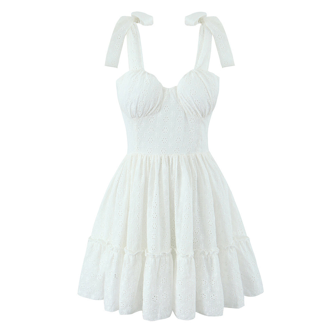 Sweet Cutout Embroidery Chic Lace Up Short Dress French Style V-neck - Norellé
