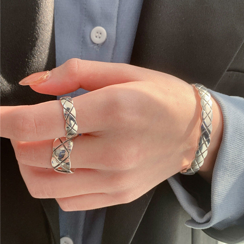 S925 Sterling Silver Thick And Thin Diamond Plaid Open Ring - Norellé