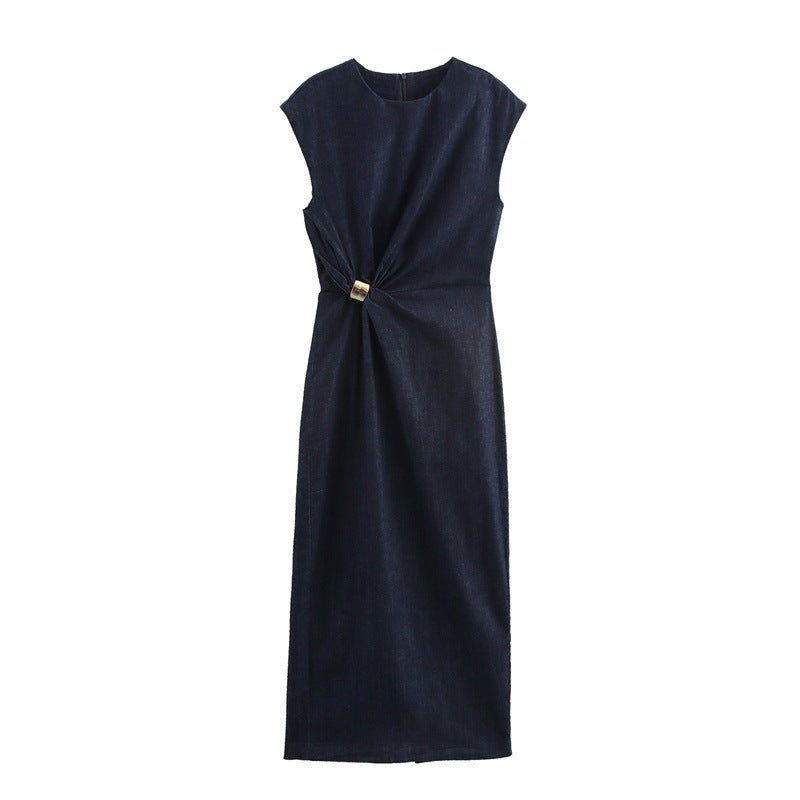 Round Neck Sleeveless Gold Inlaid Back Slit Denim Dress - Norellé