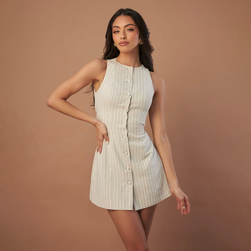 Solid Color Buttons Lace-up Waist Trimming Skirt Dress