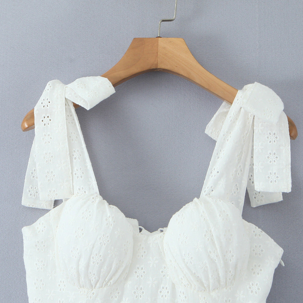Sweet Cutout Embroidery Chic Lace Up Short Dress French Style V-neck - Norellé