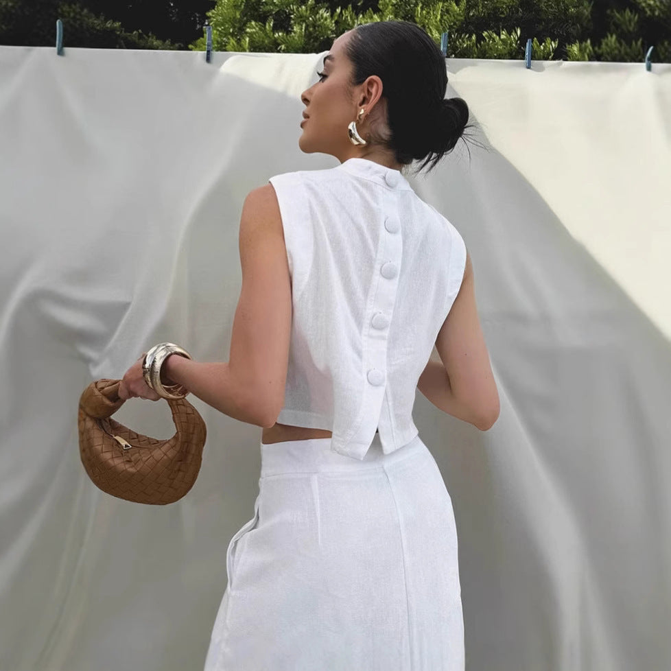 White Cotton Linen Sleeveless Stand Collar Top Slit Loose Long Skirt Two-piece Set - Norellé