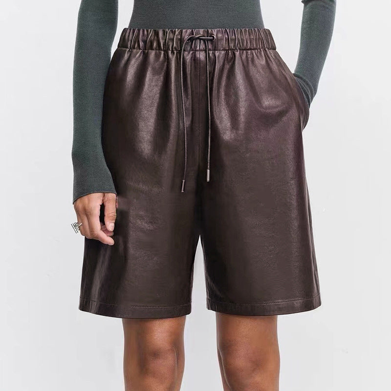 Sheepskin Elastic Waistband All-match Casual Straight-leg Leather Shorts Women - Norellé