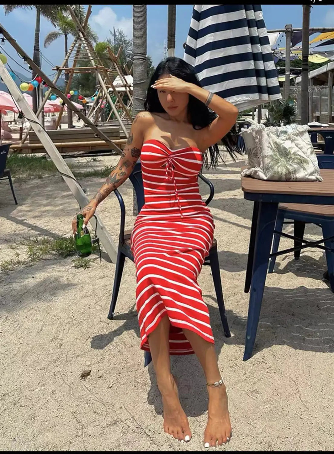 Striped Chest Wrap Hollow Pencil Dress