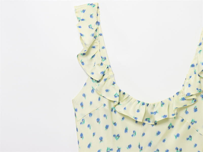 French Retro Silk Satin Texture Printed Round Neck Dress