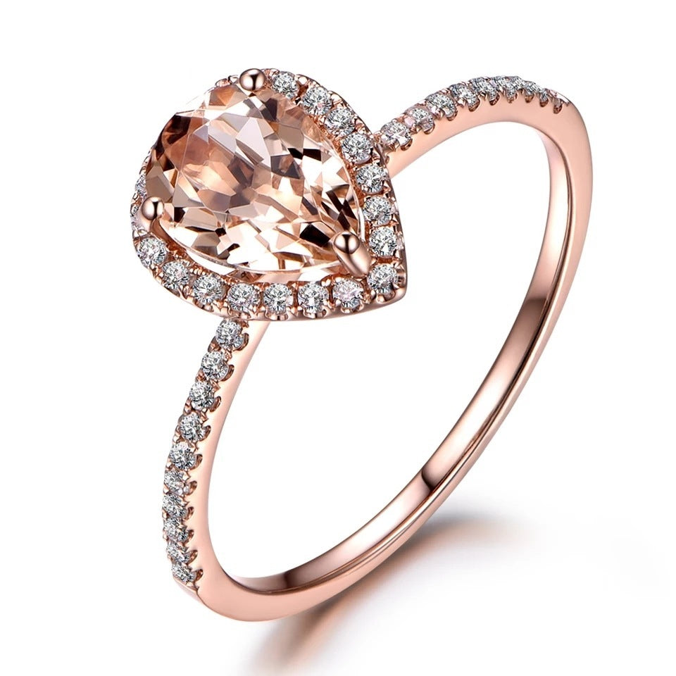 European And American 18K Rose Gold Plated Inlaid Pink Crystal Water Drop Pear-shaped Ring - Norellé