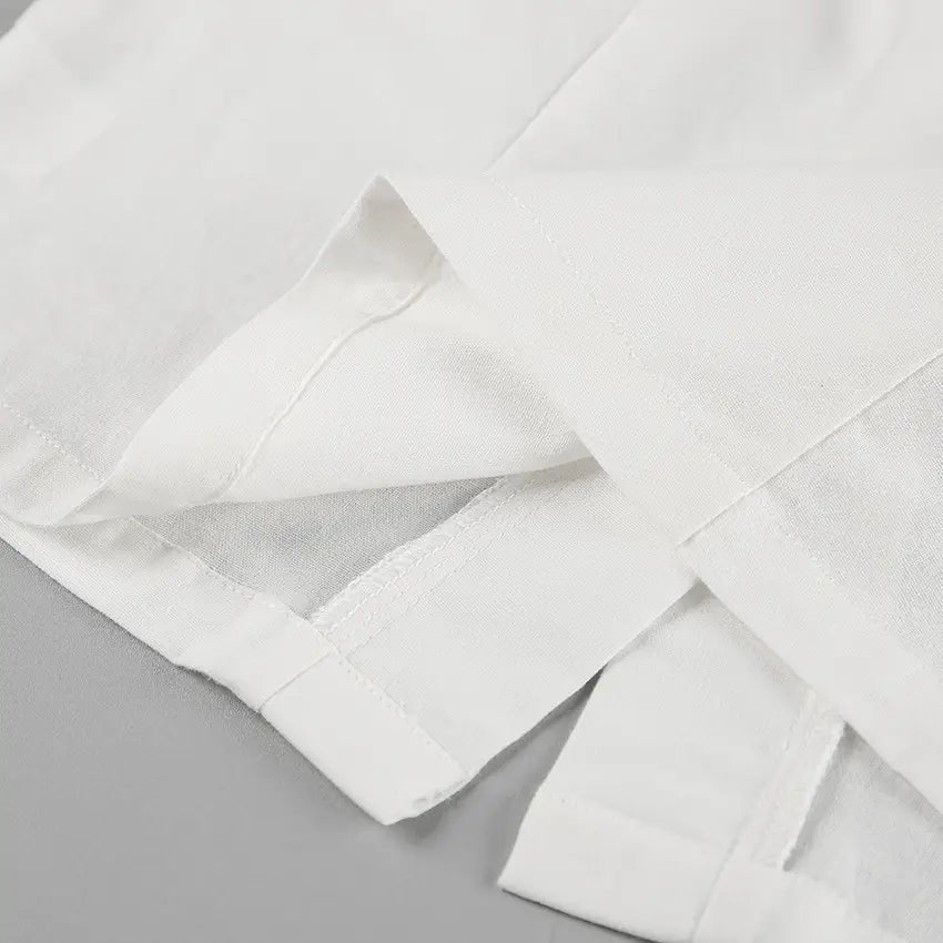 White Cotton Linen Sleeveless Stand Collar Top Slit Loose Long Skirt Two-piece Set