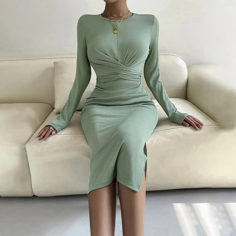 Round Neck Slim-fit Sheath Long Sleeve Dress