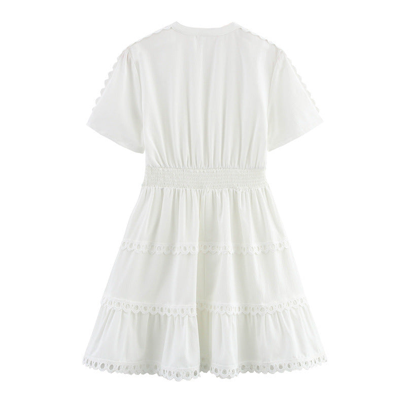 Hollow Design Tight Waist A Swing Short Sleeve Dress - Norellé