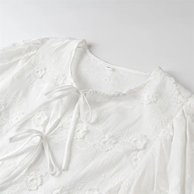 Flower Embroidered Cotton Short-Sleeved Shorts Two-piece Suit