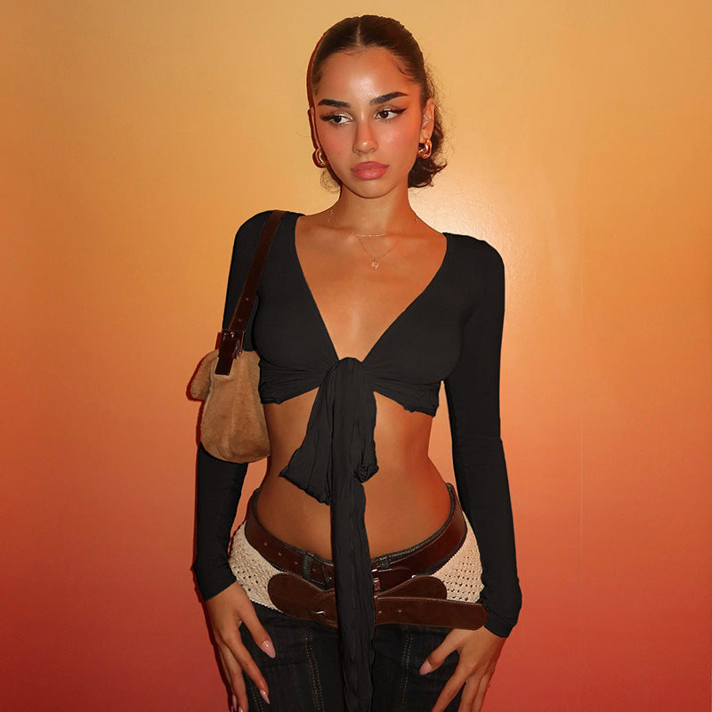 Pure Desire Strap Long-sleeved T-shirt Deep V-neck Short Blouse - Norellé