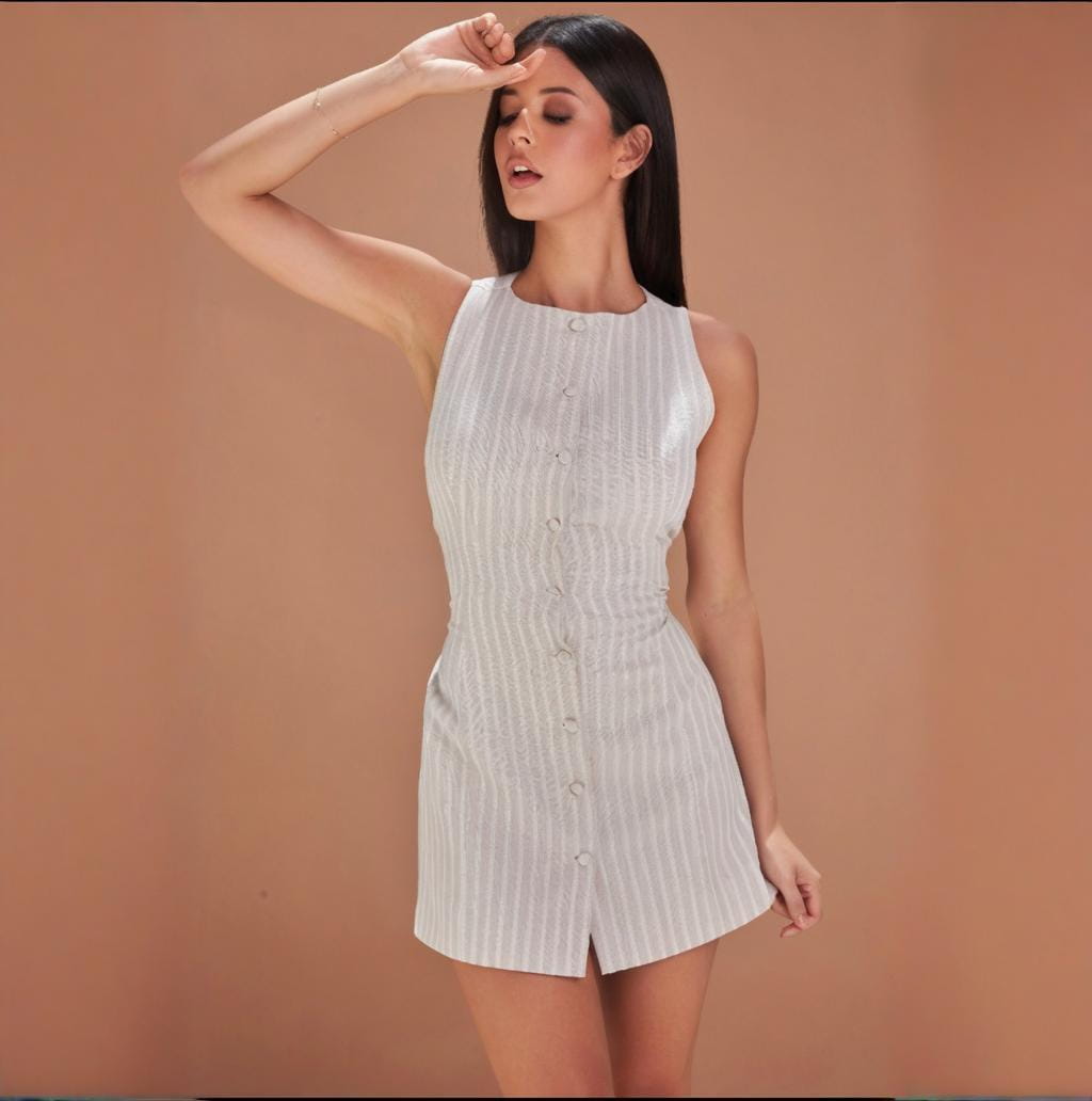 Solid Color Buttons Lace-up Waist Trimming Skirt Dress