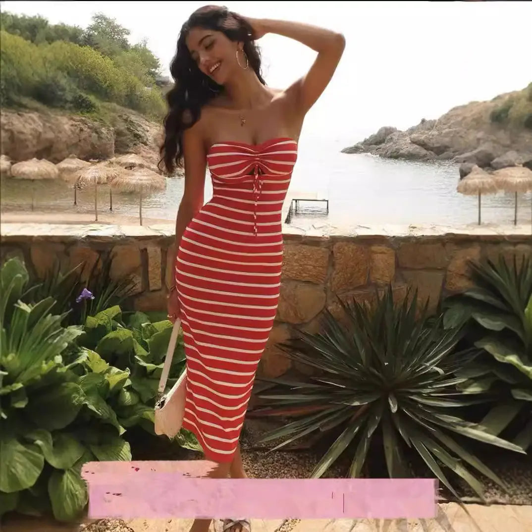Striped Chest Wrap Hollow Pencil Dress