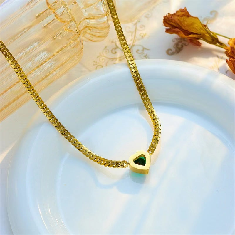 Green Heart Zircon Personality Cuban Link Chain Simple Fashion Necklace - Norellé