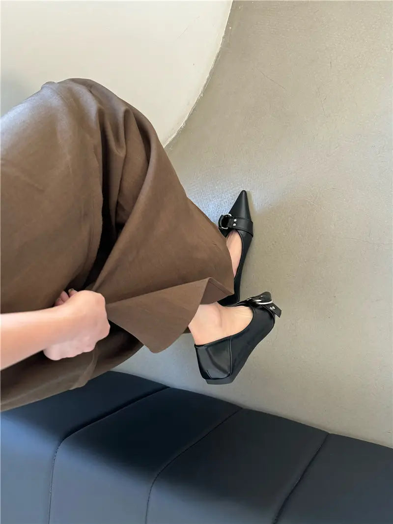 Metal Belt Buckle French Pointed Flat Bottom Pumps