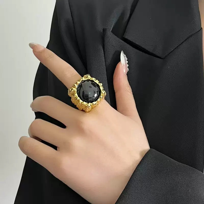 Large Resin Gemstone Open Ring Female Mid-ancient Wide Version Gold - Norellé