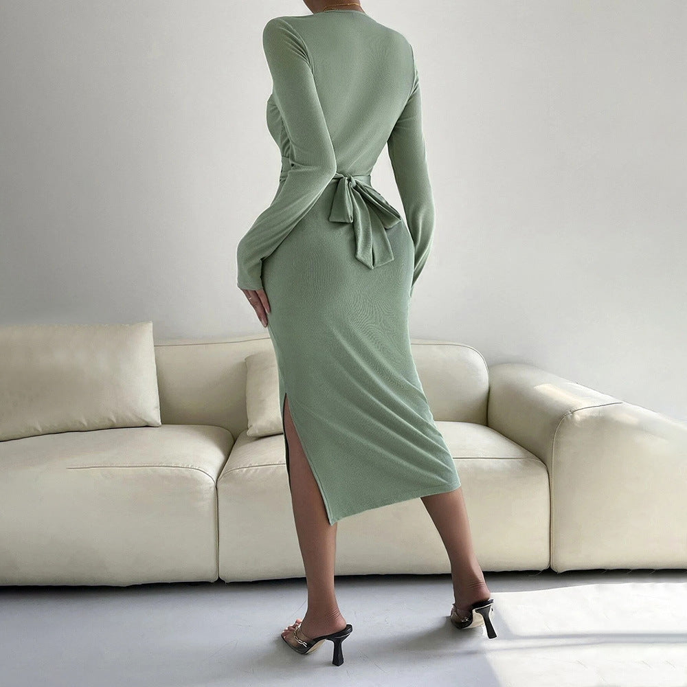 Round Neck Slim-fit Sheath Long Sleeve Dress - Norellé