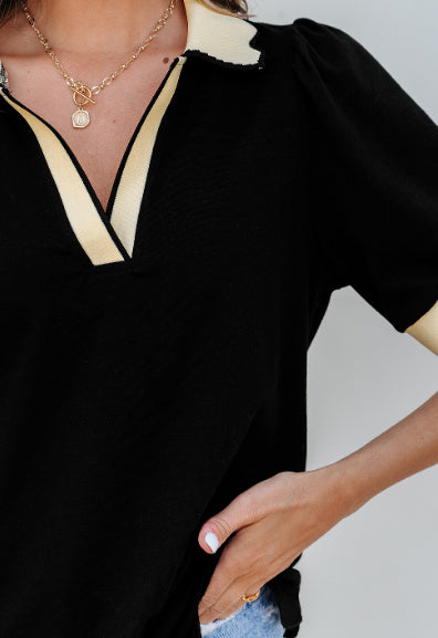 Black Color Contrast Collared V Neck Puff Sleeve Blouse - Norellé