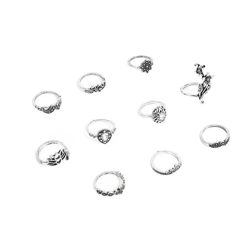 Bohemian Antique Silver Rose Lotus Glass Drill Knuckle Ring - Norellé
