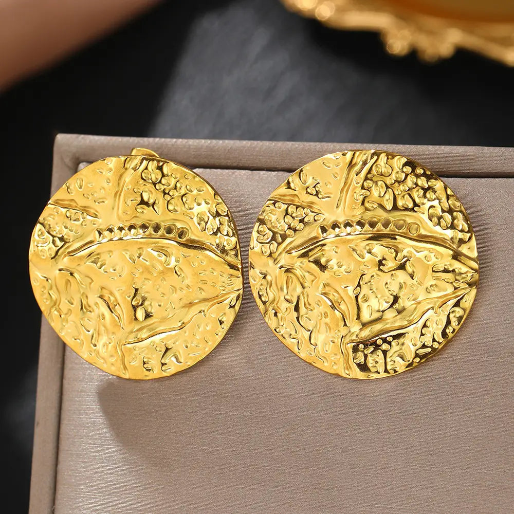 Gold Stainless Steel Pleated Round Earrings