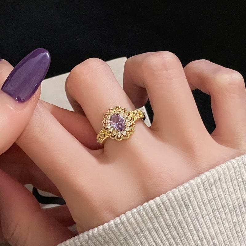 Nine Purple Fire-free Colored Gems Zircon Mid-ancient Brushed Open Ring - Norellé