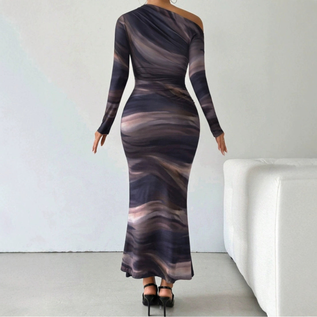 Tie-dyed Crossbody Shoulder Asymmetric Fold Dress - Norellé