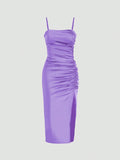 Solid Color Ruched Bodycon Slit Cami Dress - Norellé