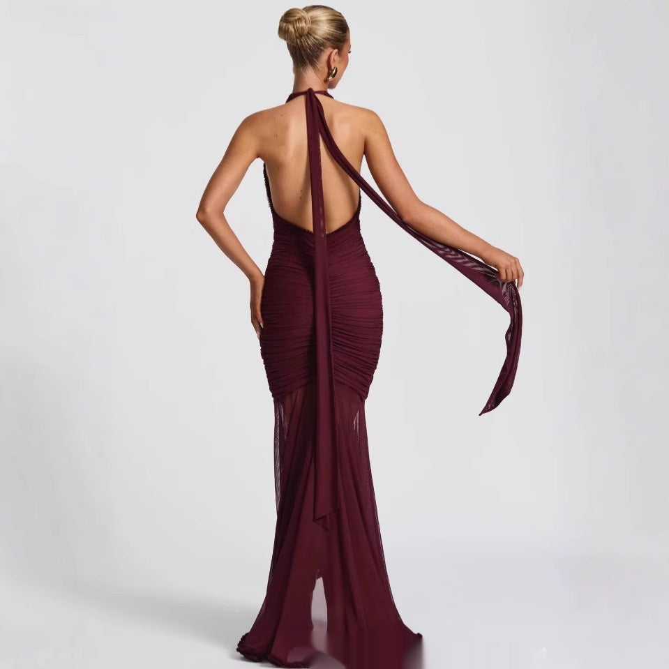 Wine Red Lace Deep V Dress - Norellé