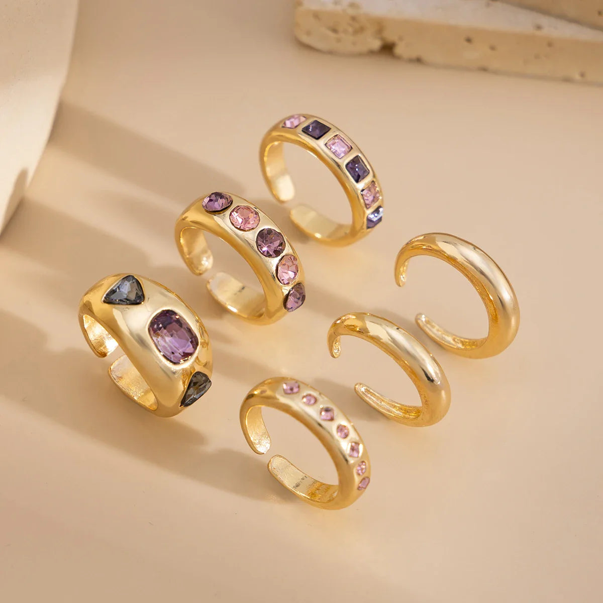 6Pcs/set Inlaid Purple zircon Adjustable Opening Ring Set