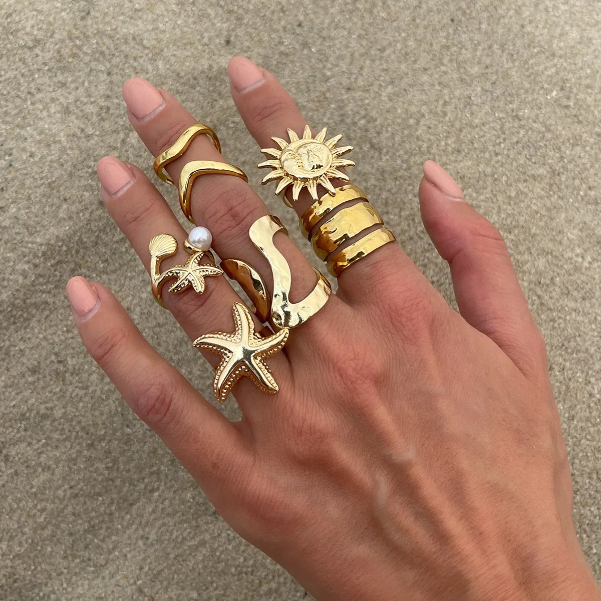 6Pcs/Set Vintage Sun Starfish Open Rings - 03