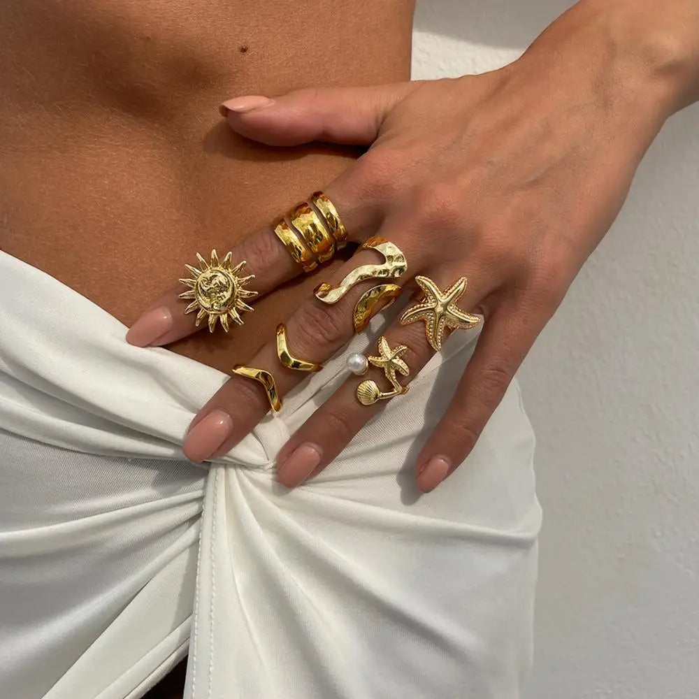 6Pcs/Set Vintage Sun Starfish Open Rings