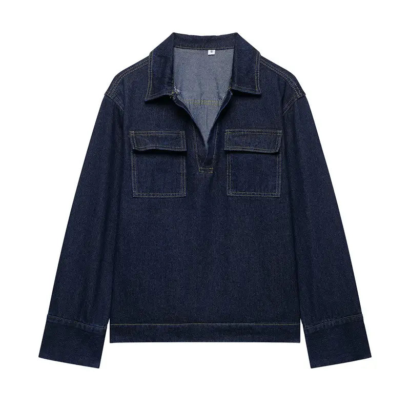 Fashion Loose Blue Denim 2-piece Set Vintage Long Sleeve Shirt Trousers