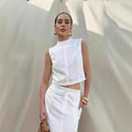 White Cotton Linen Sleeveless Stand Collar Top Slit Loose Long Skirt Two-piece Set - Norellé