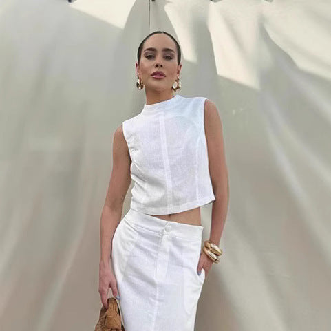 White Cotton Linen Sleeveless Stand Collar Top Slit Loose Long Skirt Two-piece Set - Norellé