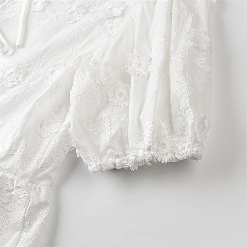 Flower Embroidered Cotton Short-Sleeved Shorts Two-piece Suit