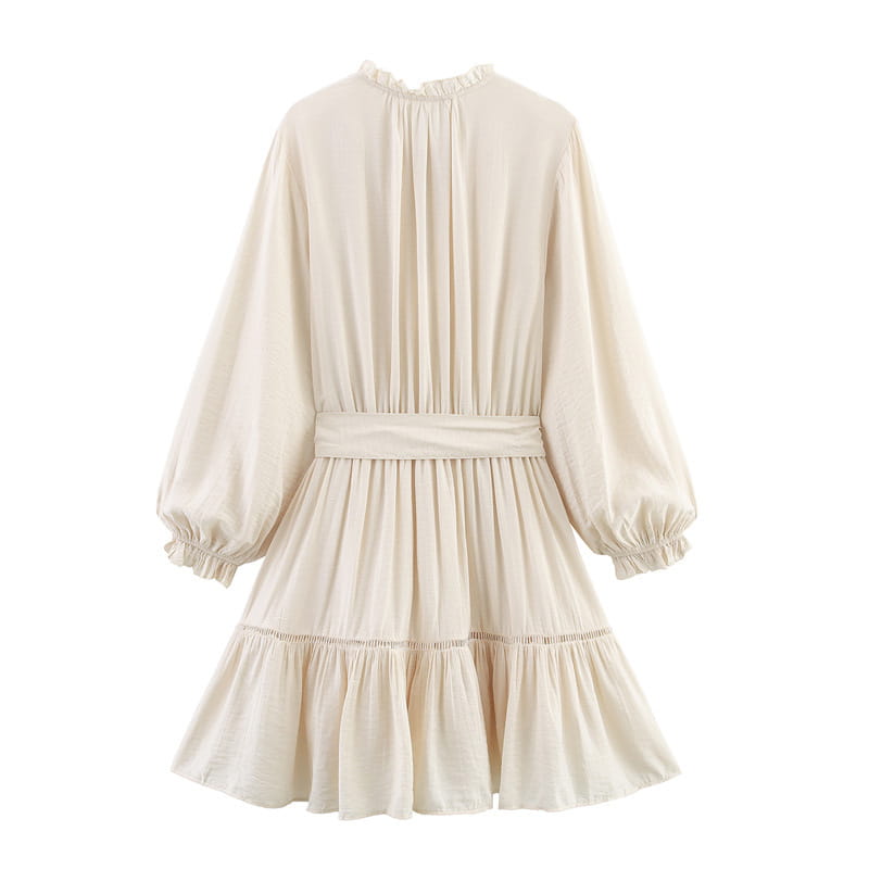 Elegant Slim-fit Wrinkle Effect Long Sleeve V-neck Dress