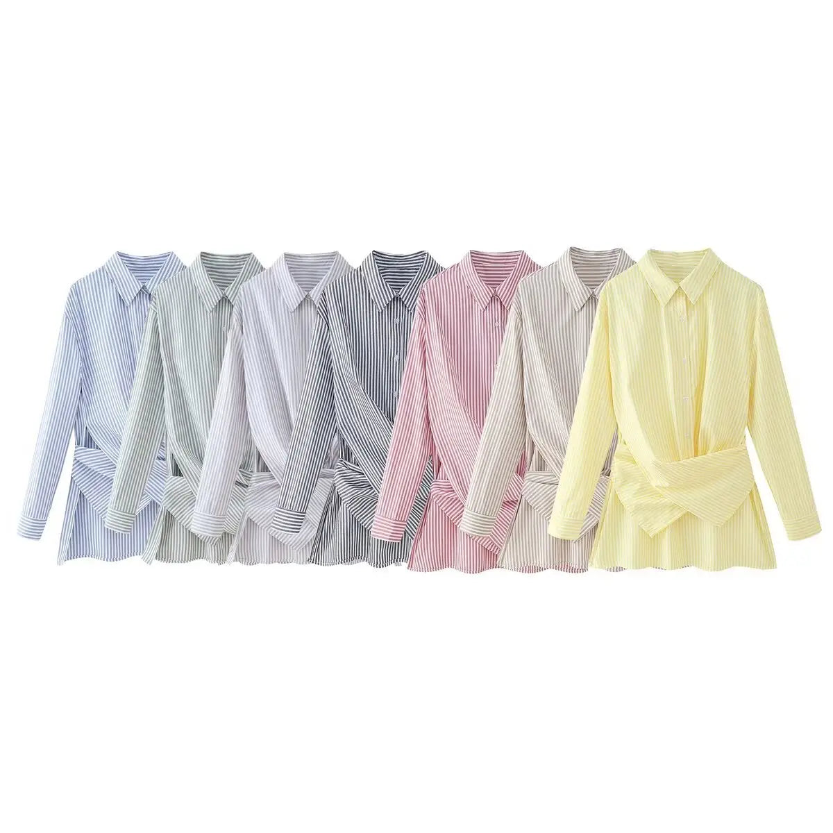 Loose Striped Lace-up Multi-color Long Sleeve Shirt