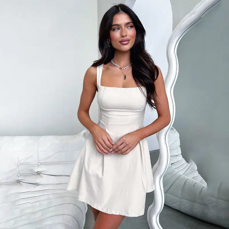 Solid Color Sling Slim-fit Pleated Skirt High Waist Dress