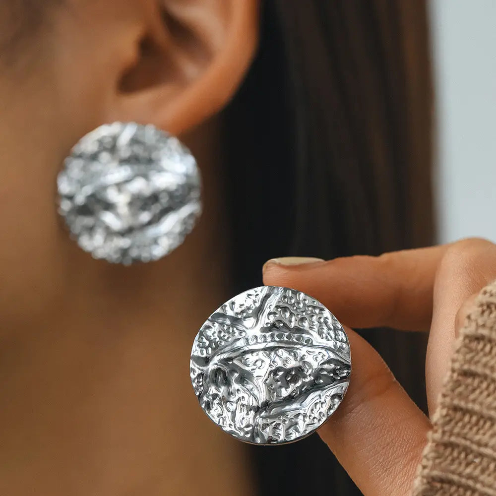 Gold Stainless Steel Pleated Round Earrings